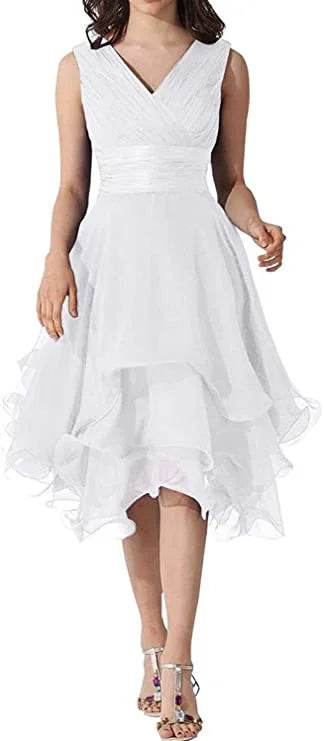 Elegant Tulle A-Line V-Neck Bridesmaid Dress - Knee Length, Pleated - Buy Center UK