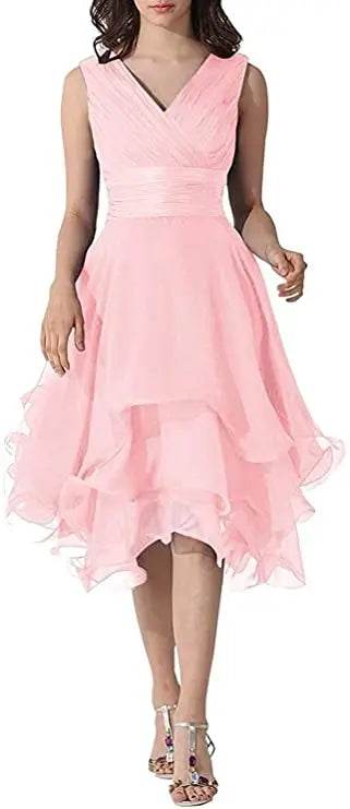 Elegant Tulle A-Line V-Neck Bridesmaid Dress - Knee Length, Pleated - Buy Center UK