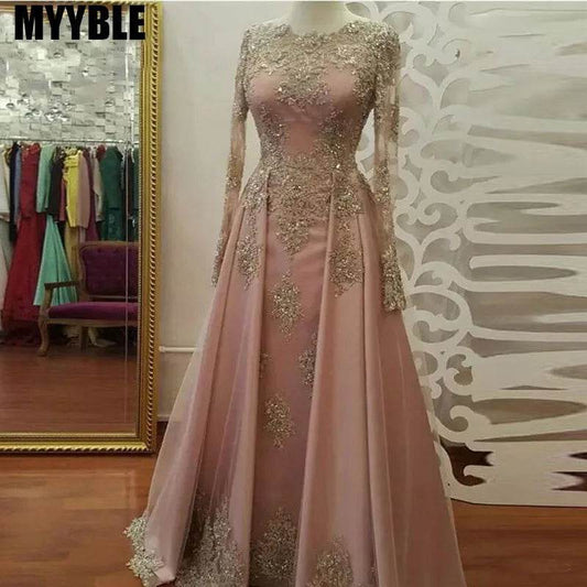Elegant Customized Long Sleeve Evening Gown - Pink Tulle & Beading - Buy Center UK