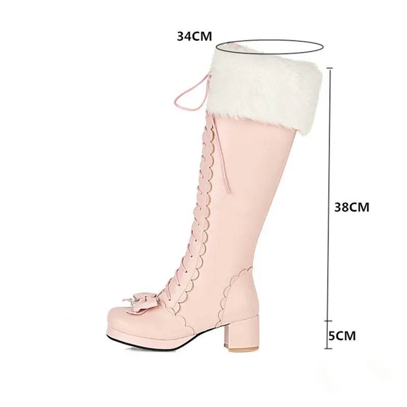 PXELENA Plus Size Wedding Shoes - Knee High Boots with Bowtie Ruffles - Buy Center UK