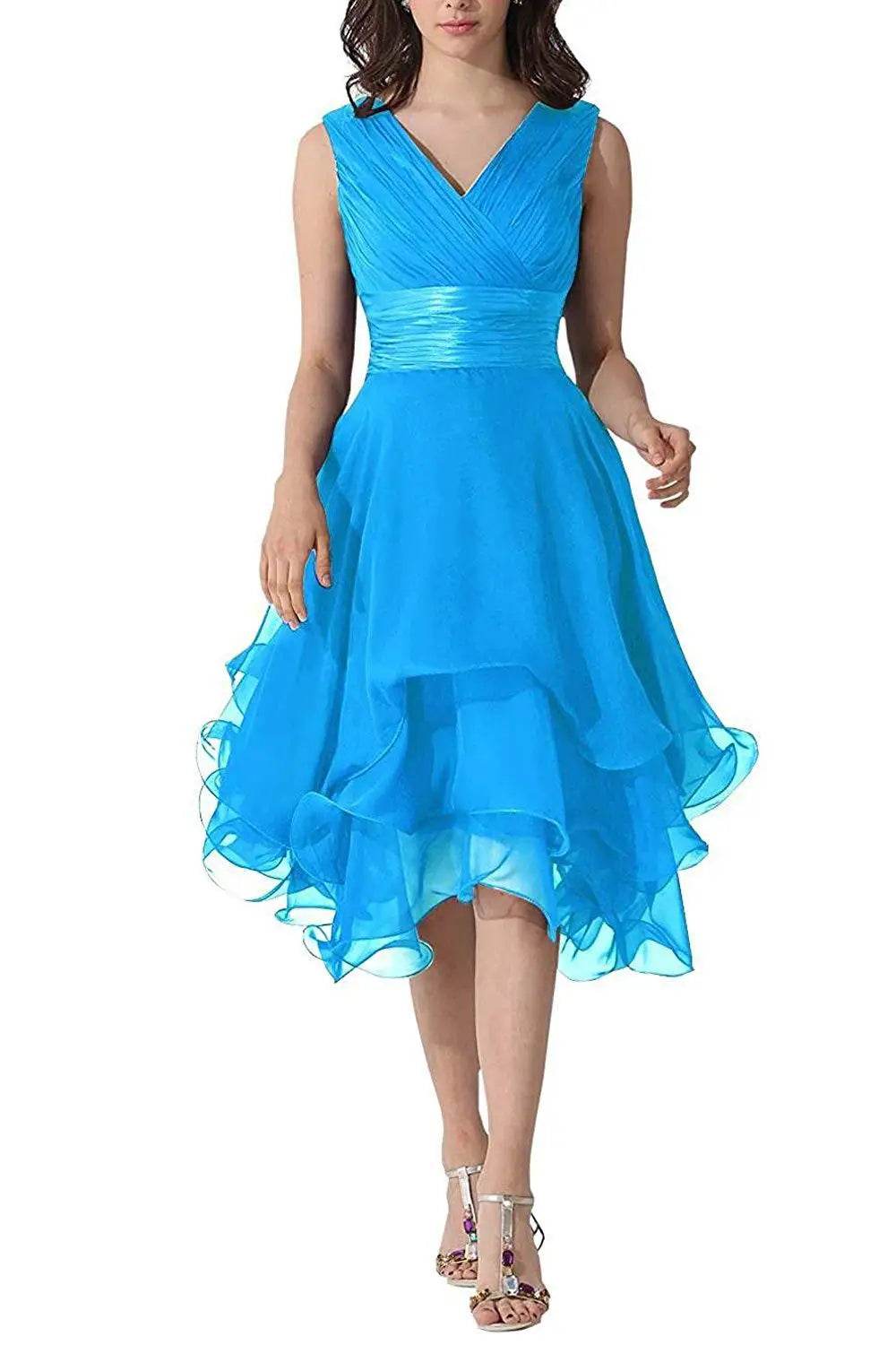 Elegant Tulle A-Line V-Neck Bridesmaid Dress - Knee Length, Pleated - Buy Center UK