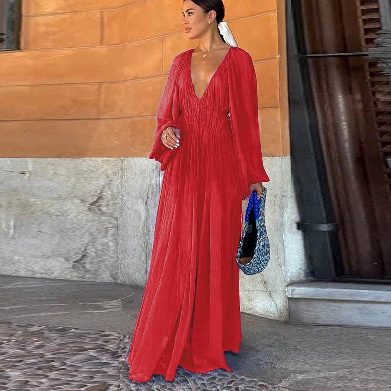 Elegant Lantern Sleeve Beach Dress - Summer O-neck Chic Style - Buy Center UK