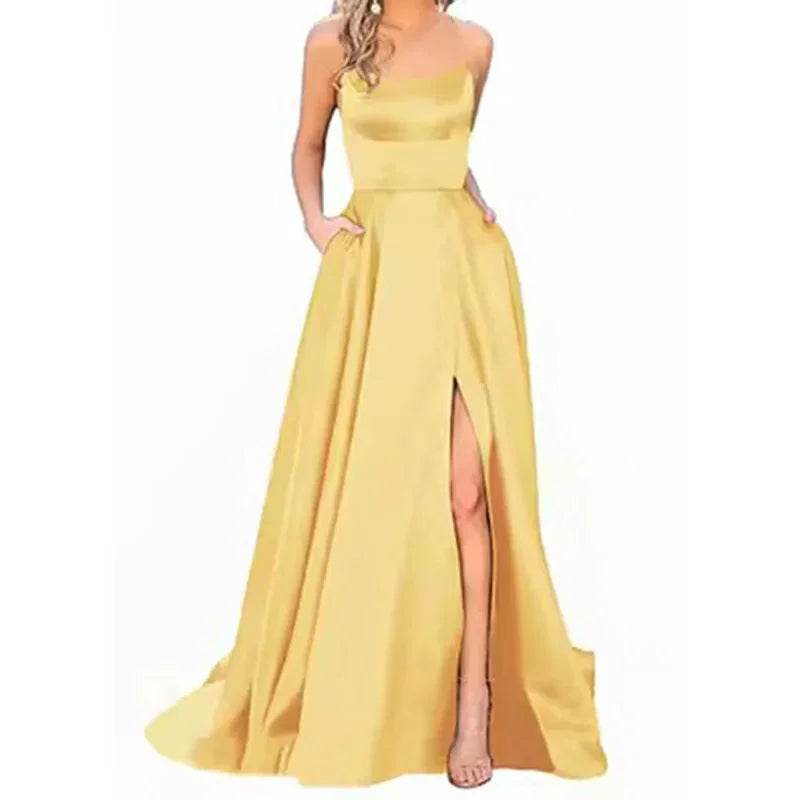 Buy Center Long Backless Satin Dress - Sexy Side Slit Evening Gown - Buy Center UK