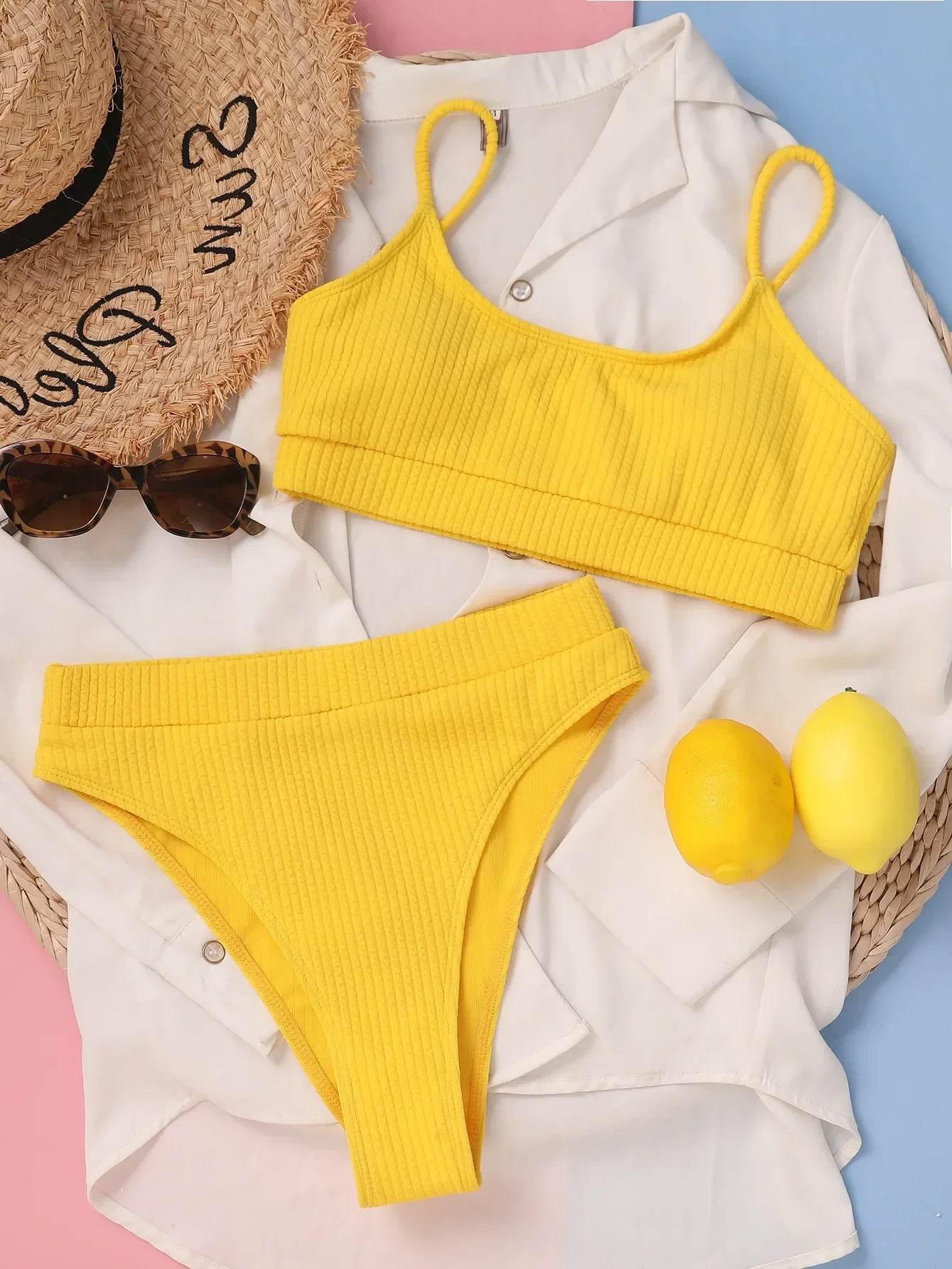 Sexy Solid Yellow Bikini 2024 - High Cut, High Waist Swimwear - Buy Center UK