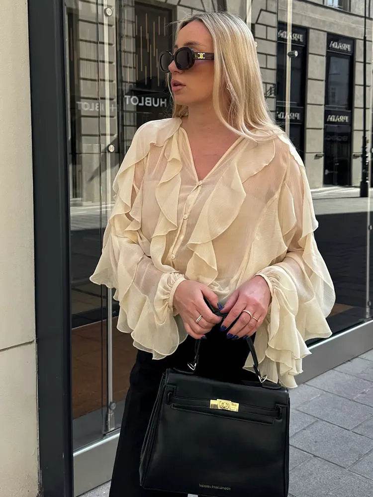 TRAFZA Women's Ruffles Blouses - Elegant V Neck Chic Tops - Buy Center UK