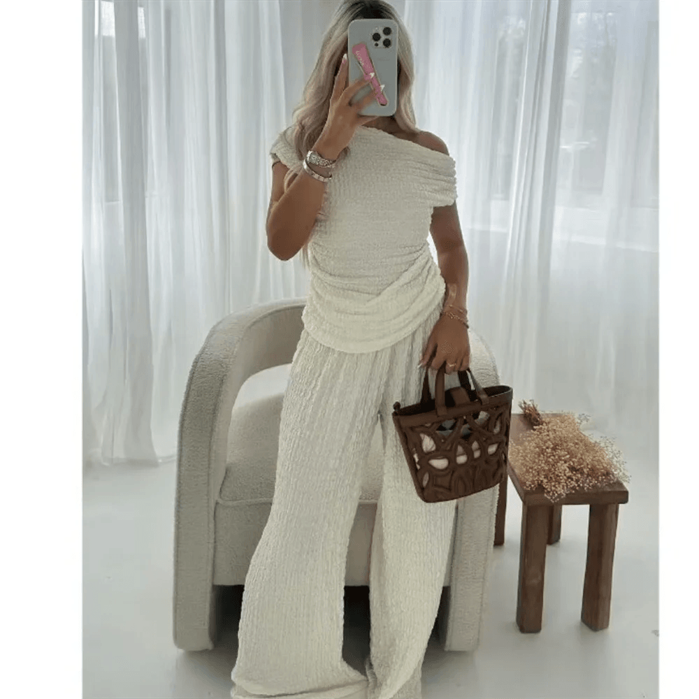 PB&ZA Women's Spring Knitted Set - Diagonal Neck & High Waist - Buy Center UK