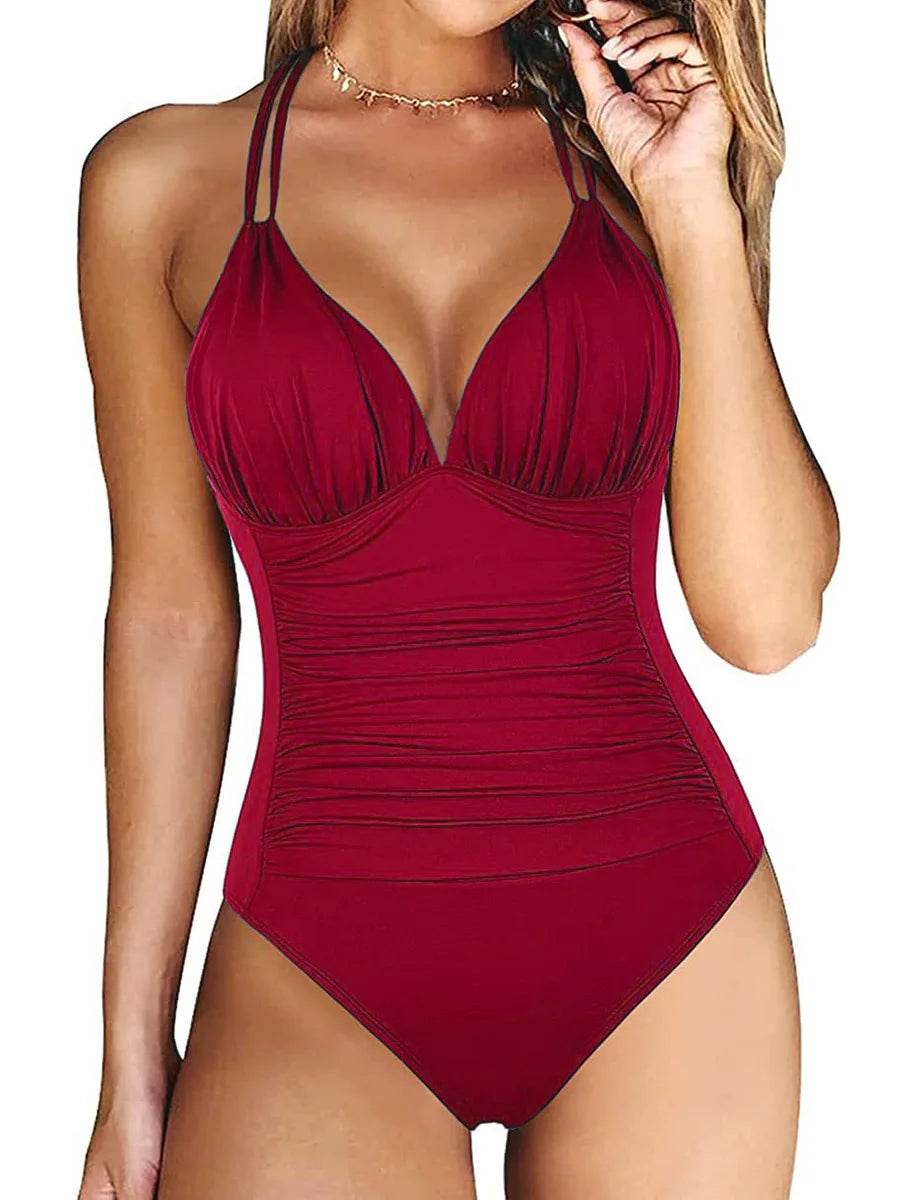 Ruched One Piece Swimsuit for Women - Elegant Backless Design - Buy Center UK