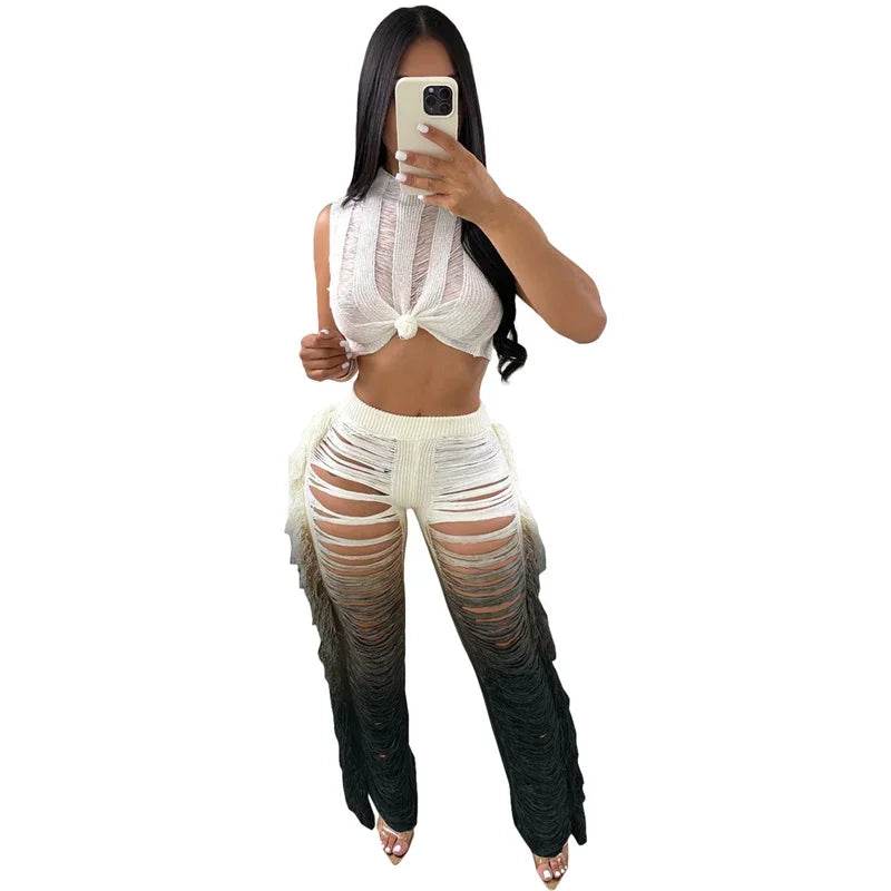 Gradient Color Crochet Two Piece Set - Summer Crop Top & Wide Leg Pants - Buy Center UK