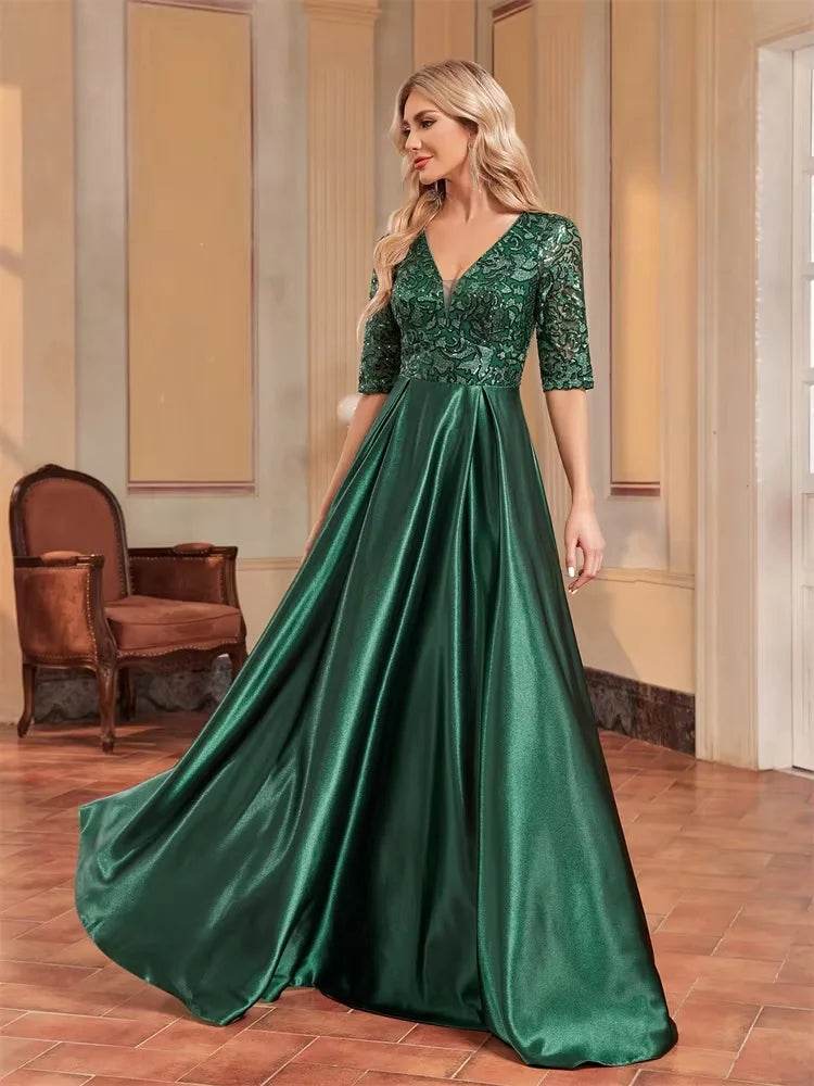 Luxury Green Satin V-Neck Evening Dress with Sequins for Women - Buy Center UK