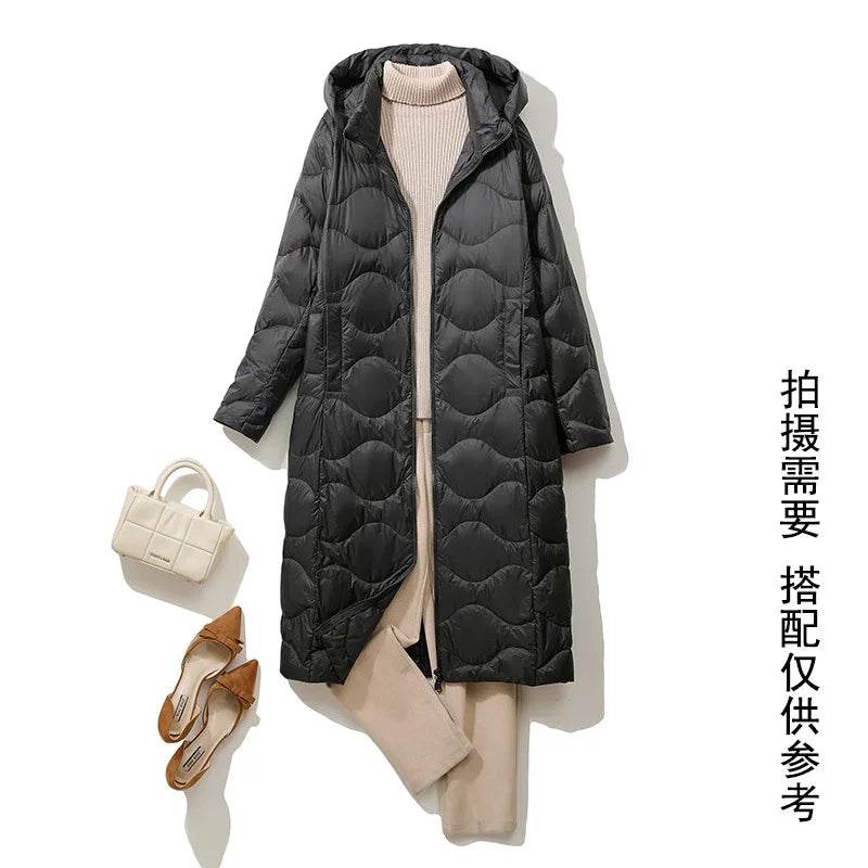 New Lightweight Down Jacket for Women - Hooded & Stylish, Over-Knee - Buy Center UK