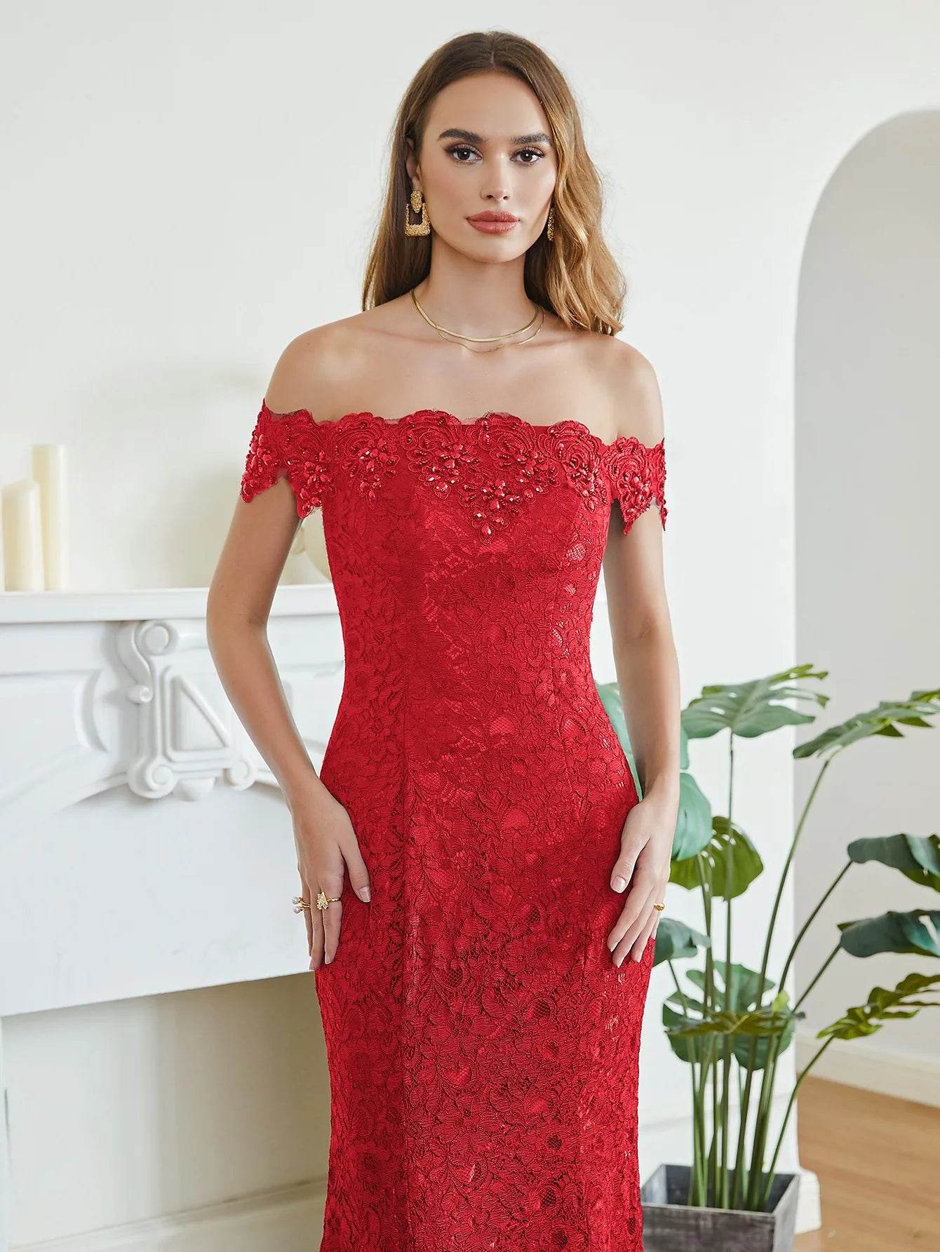 Charming Red Mermaid Bridesmaid Dress - Off-Shoulder Beading Lace - Buy Center UK
