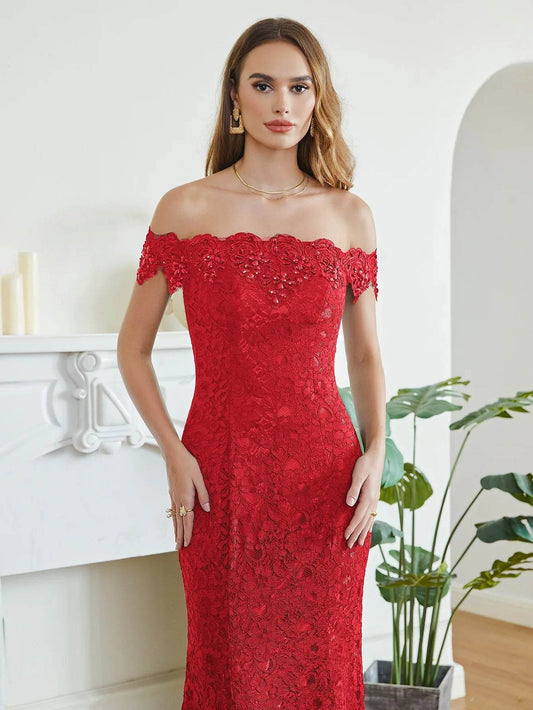 Charming Red Mermaid Bridesmaid Dress - Off-Shoulder Beading Lace - Buy Center UK