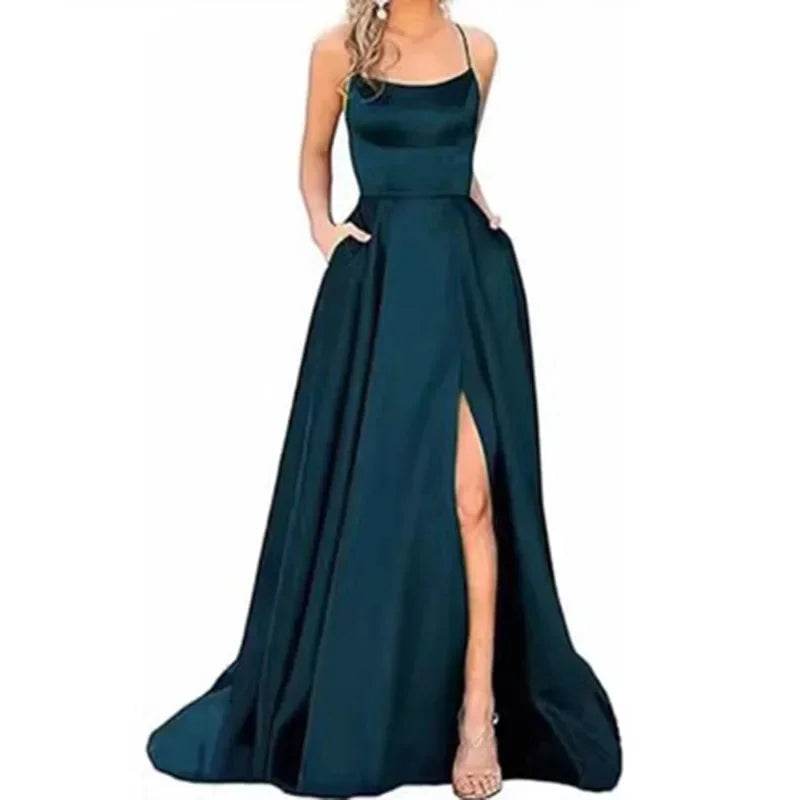 Buy Center Long Backless Satin Dress - Sexy Side Slit Evening Gown - Buy Center UK
