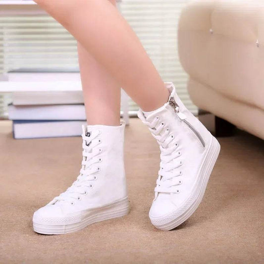 Women's High Top Canvas Sneakers - White Platform Lace Up Shoes - Buy Center UK