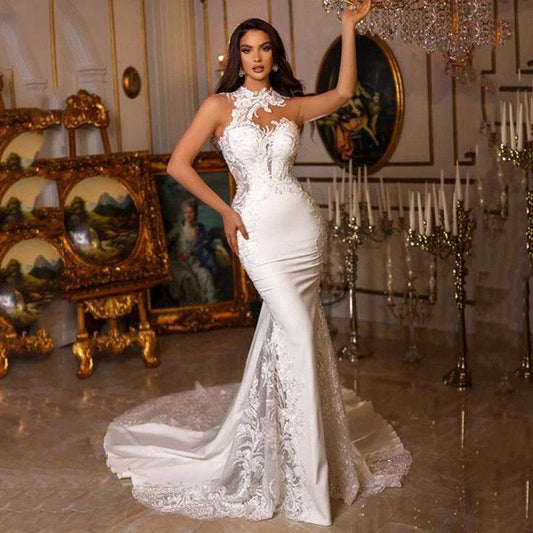 Elegant Halter Neck Mermaid Wedding Dress - Lace Appliques & Backless - Buy Center UK