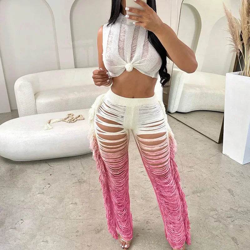 Gradient Color Crochet Two Piece Set - Summer Crop Top & Wide Leg Pants - Buy Center UK