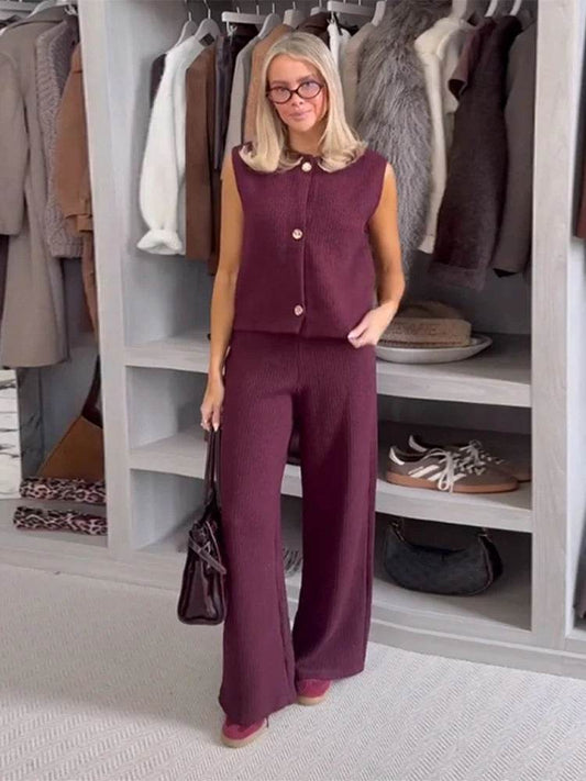 Elegant Burgundy Knitted Tank Top & Wide Leg Pants Set for Women - Buy Center UK