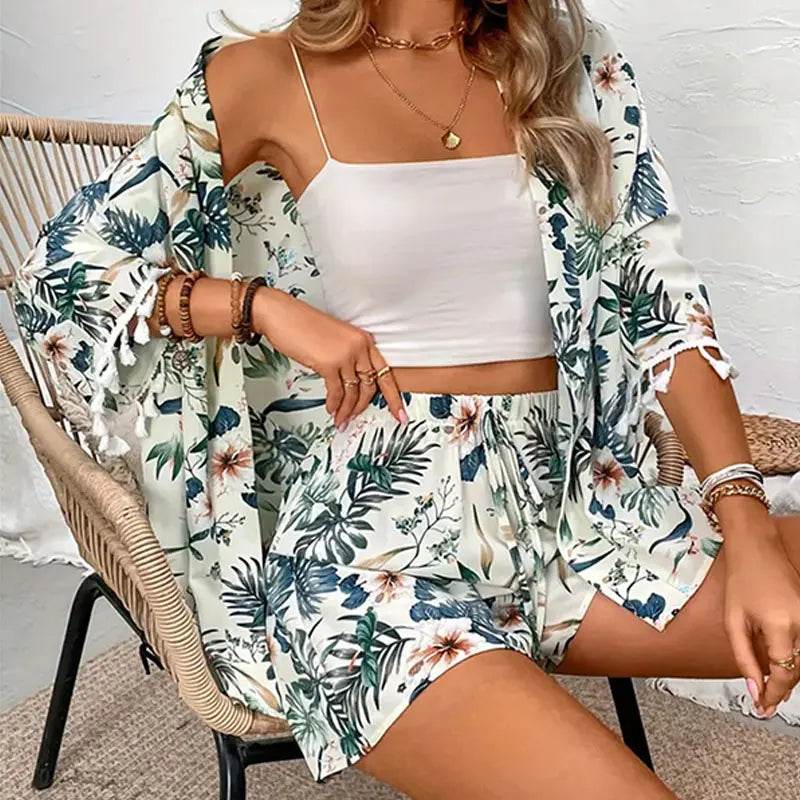 Buy Center Two Piece Women’s Set - Floral Cardigan & Beach Shorts - Buy Center UK