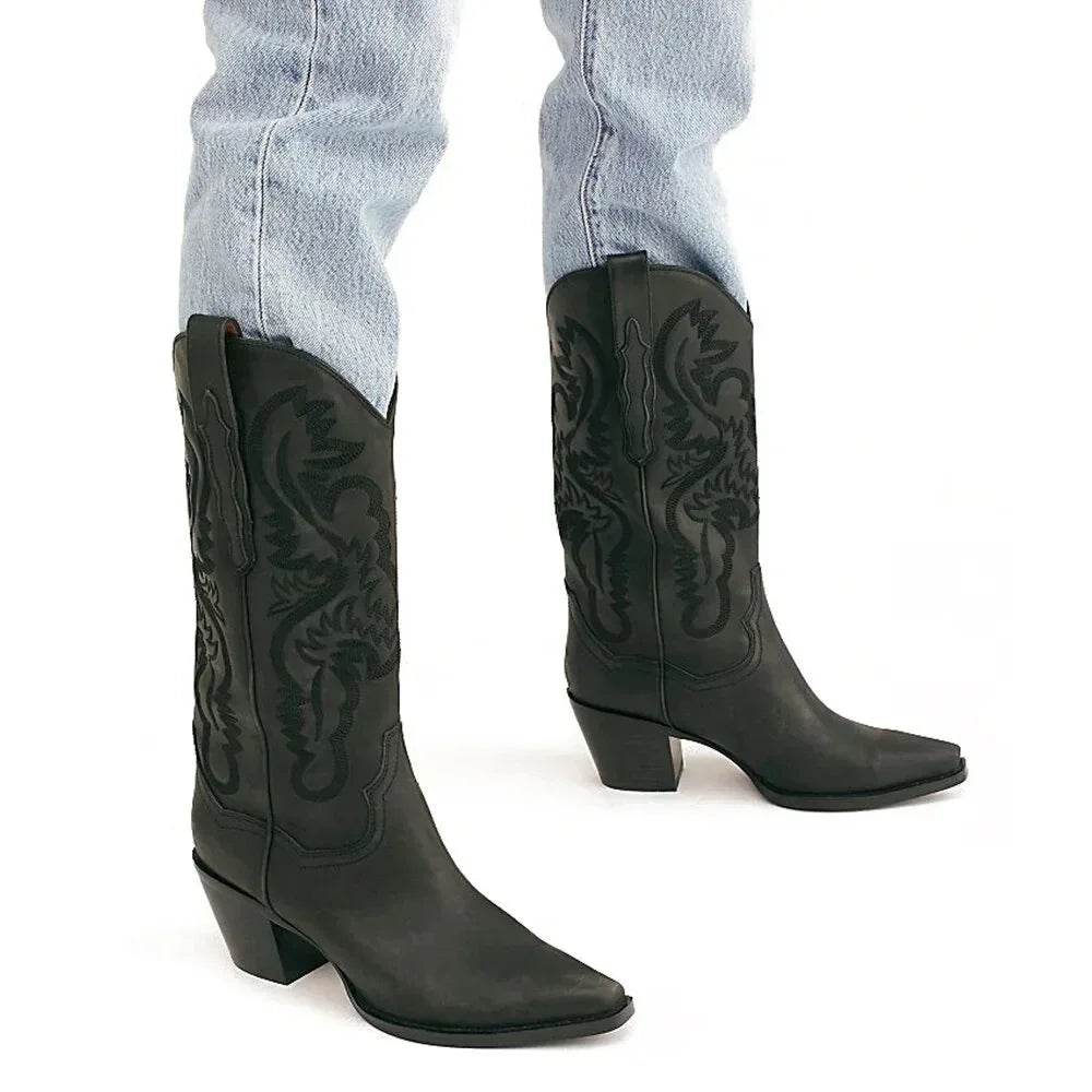 Buy Center Women's Embroidered Knee High Cowboy Boots - Chunky Heel - Buy Center UK