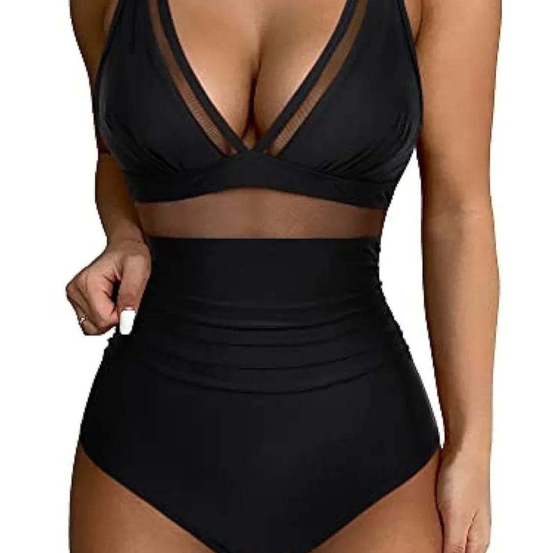 Buy Center Solid One-Piece Swimsuit - Deep V-Neck, Removable Bra - Buy Center UK