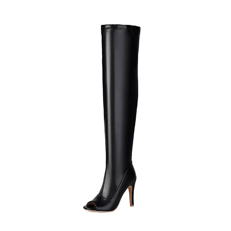 Sexy Peep Toe Over The Knee High Boots - Women's Black & White Heels - Buy Center UK