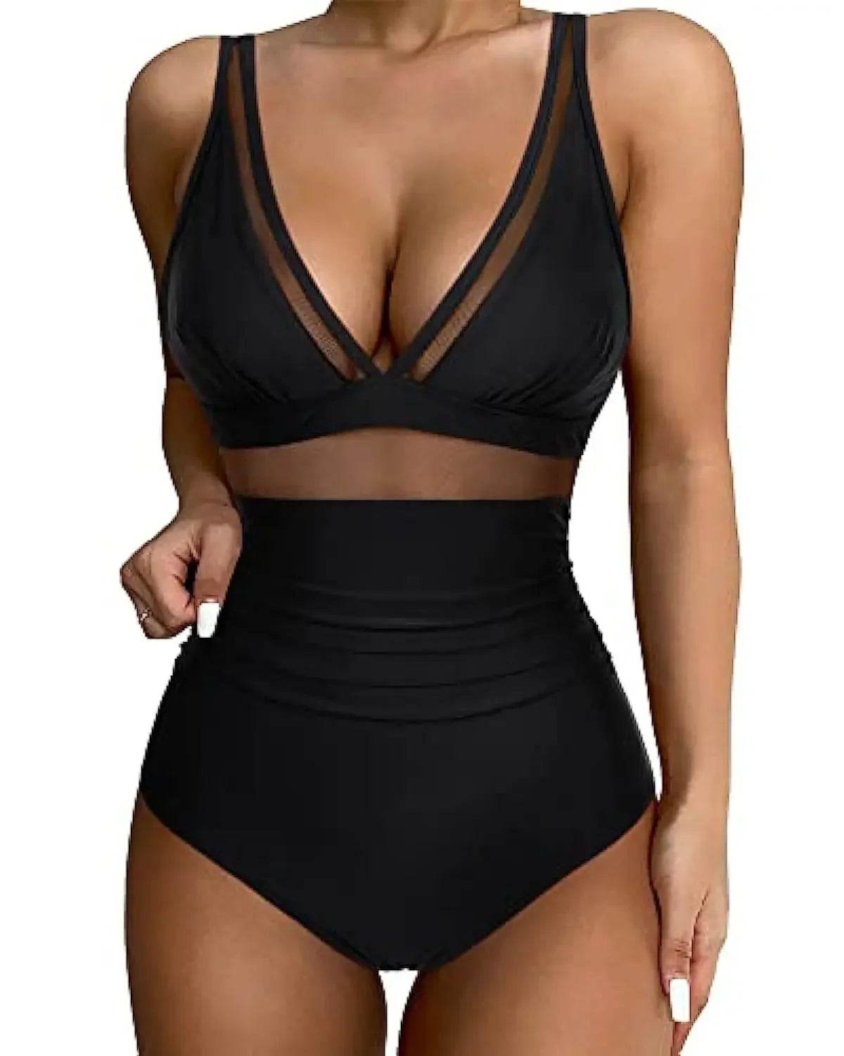 Buy Center Solid One-Piece Swimsuit - Deep V-Neck, Removable Bra - Buy Center UK