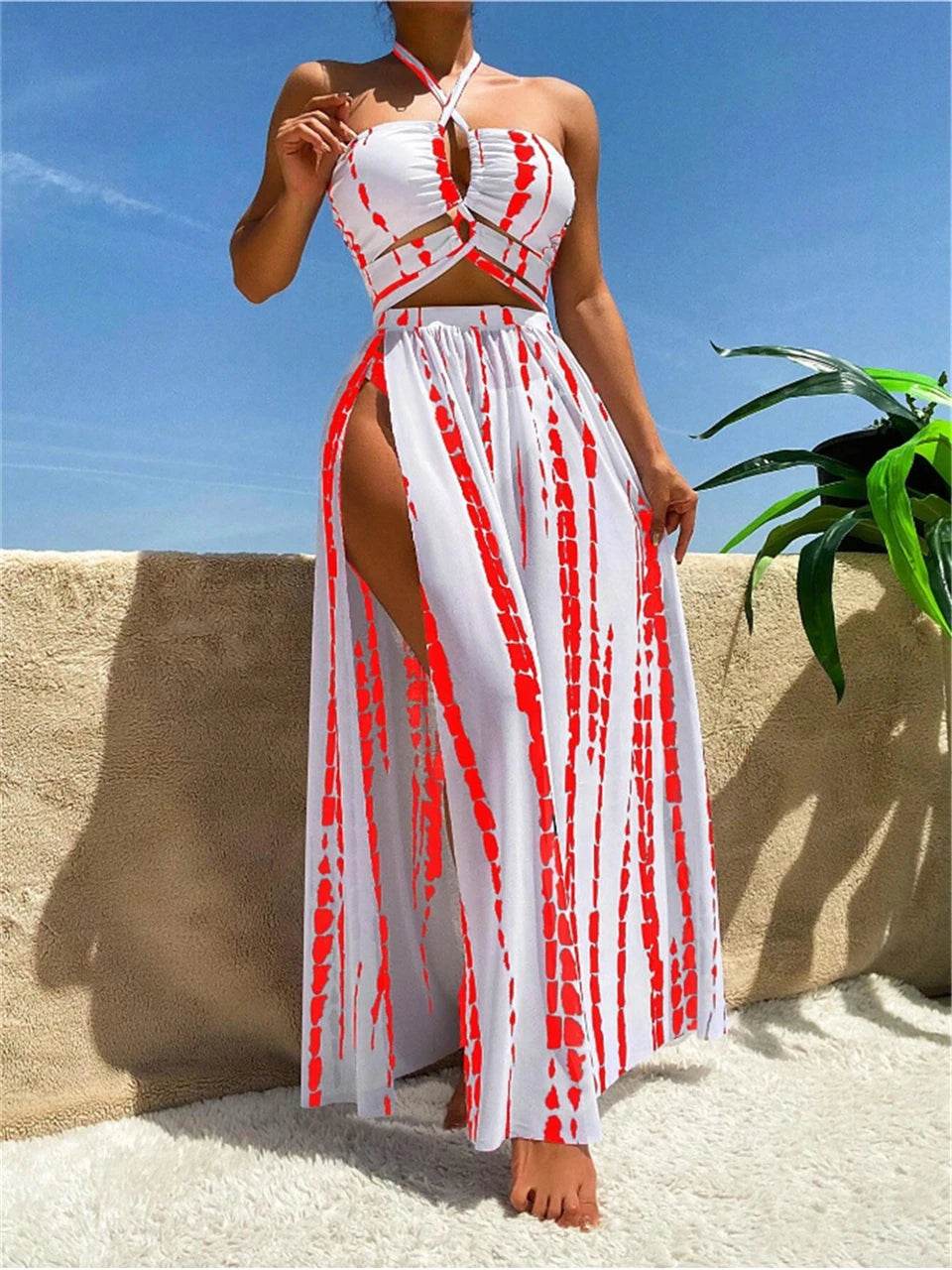 Buy Center 3 Pieces Tie Dye Bikini Set - Sexy Halter & Cover-Up Pants - Buy Center UK