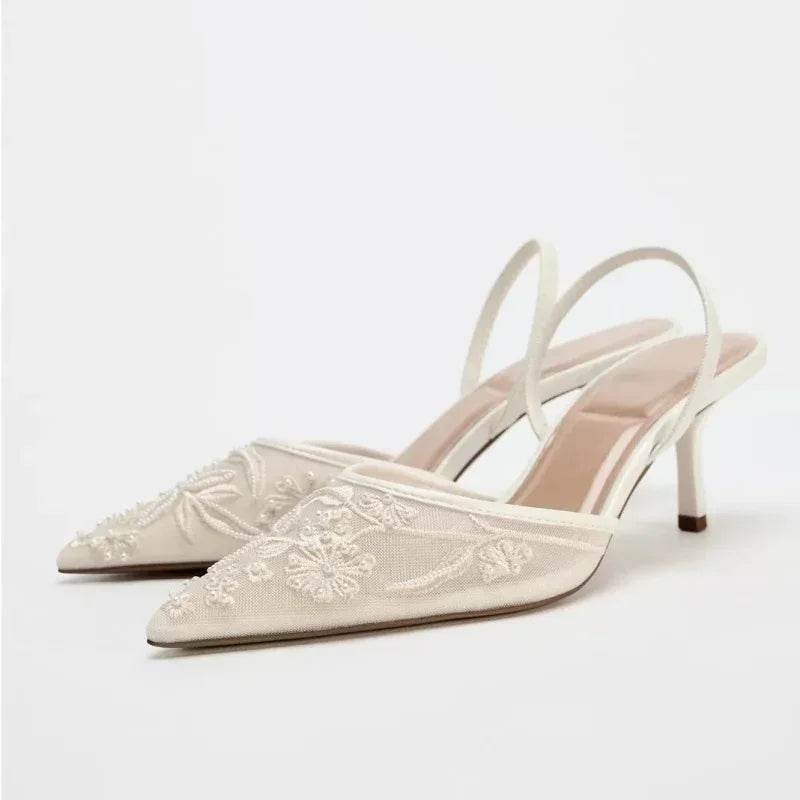 Elegant White Slingback Wedding Pumps - Embroidered Design for Women - Buy Center UK