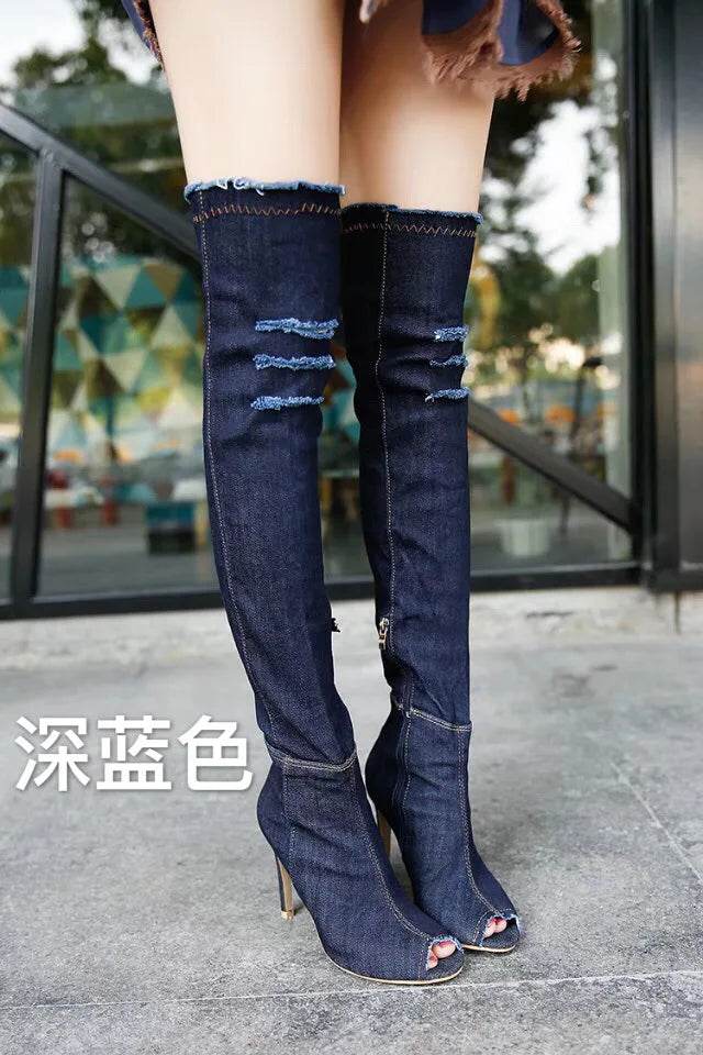 Buy Center Women’s High Heel Boots - Hollow Out Over Knee Denim - Buy Center UK