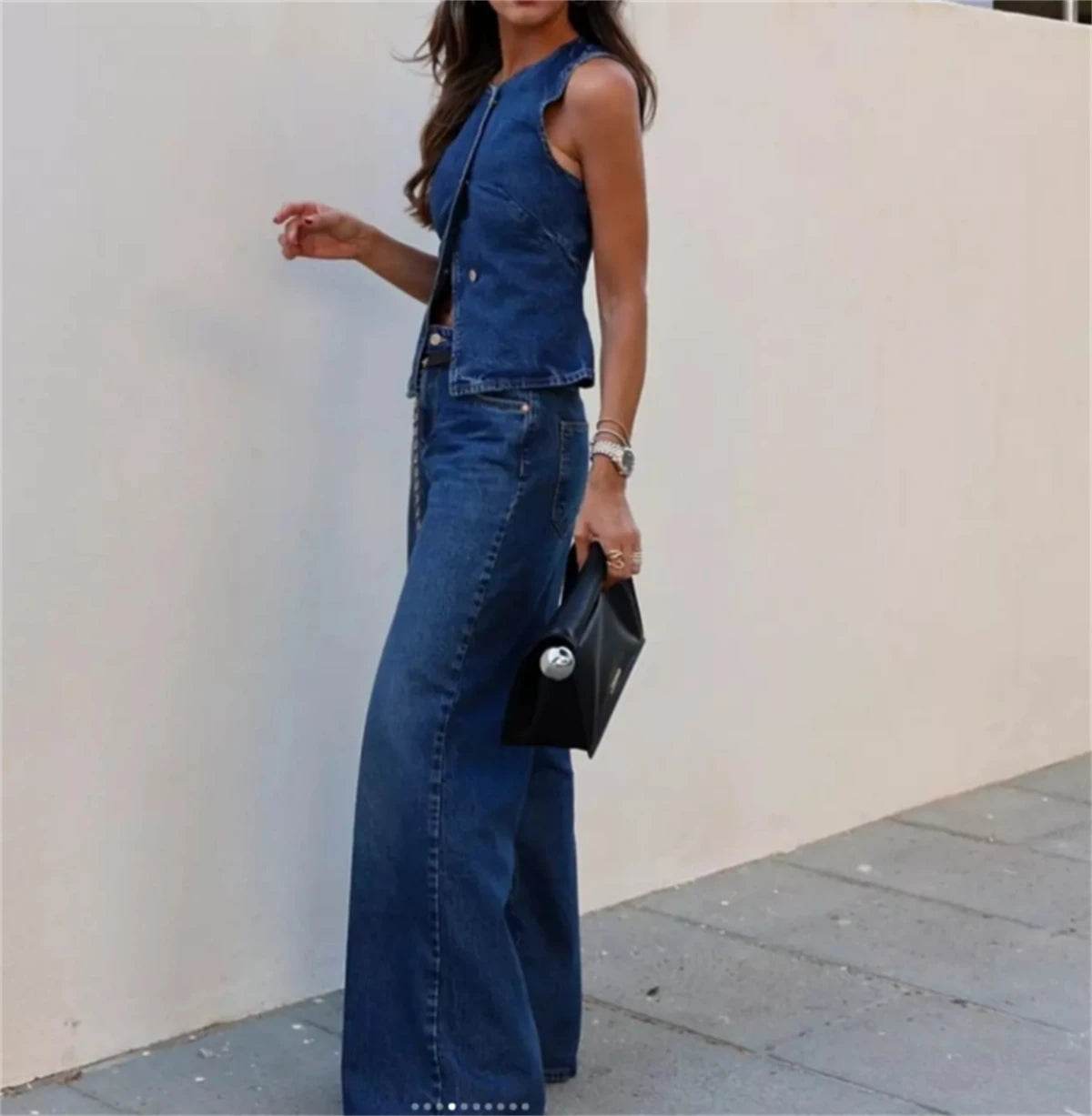 Buy Center Women Jeans 2 Piece Set - Chic Vest & Wide Leg Pants - Buy Center UK