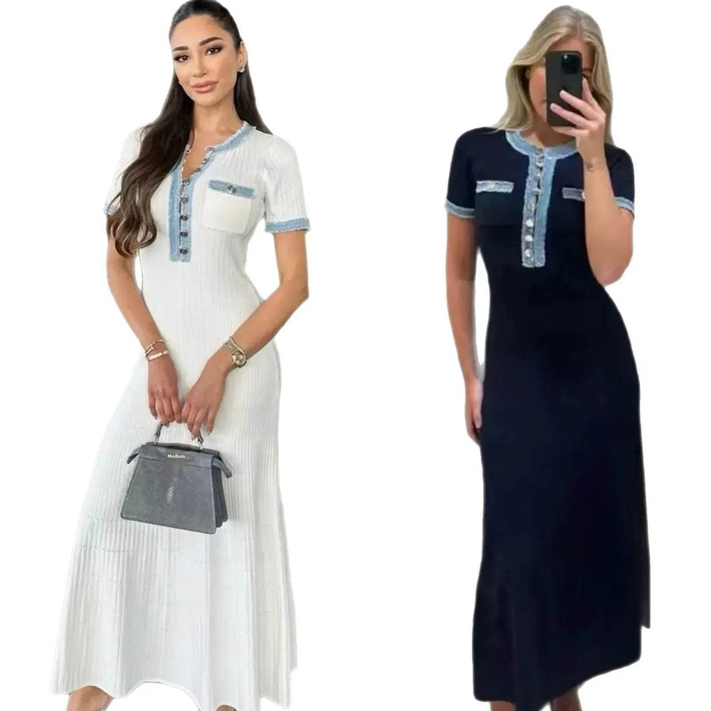 Buy Center Cotton Knitted Dress - Fringe Splicing, Knee-Length Style - Buy Center UK