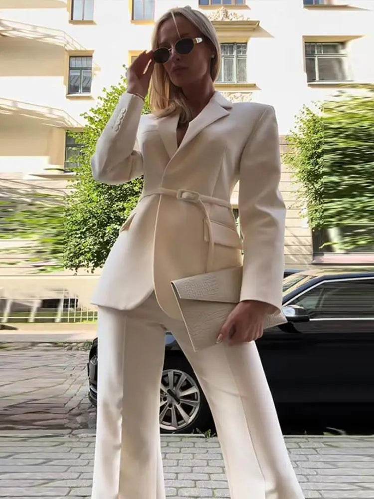 Women's Blazer Suit Trouser Set - High Waist Pants & Lace-Up Coat - Buy Center UK