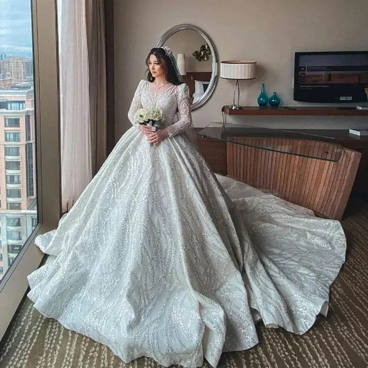 Customized Luxurious Ball Gown Wedding Dress - Long Sleeve Elegance - Buy Center UK