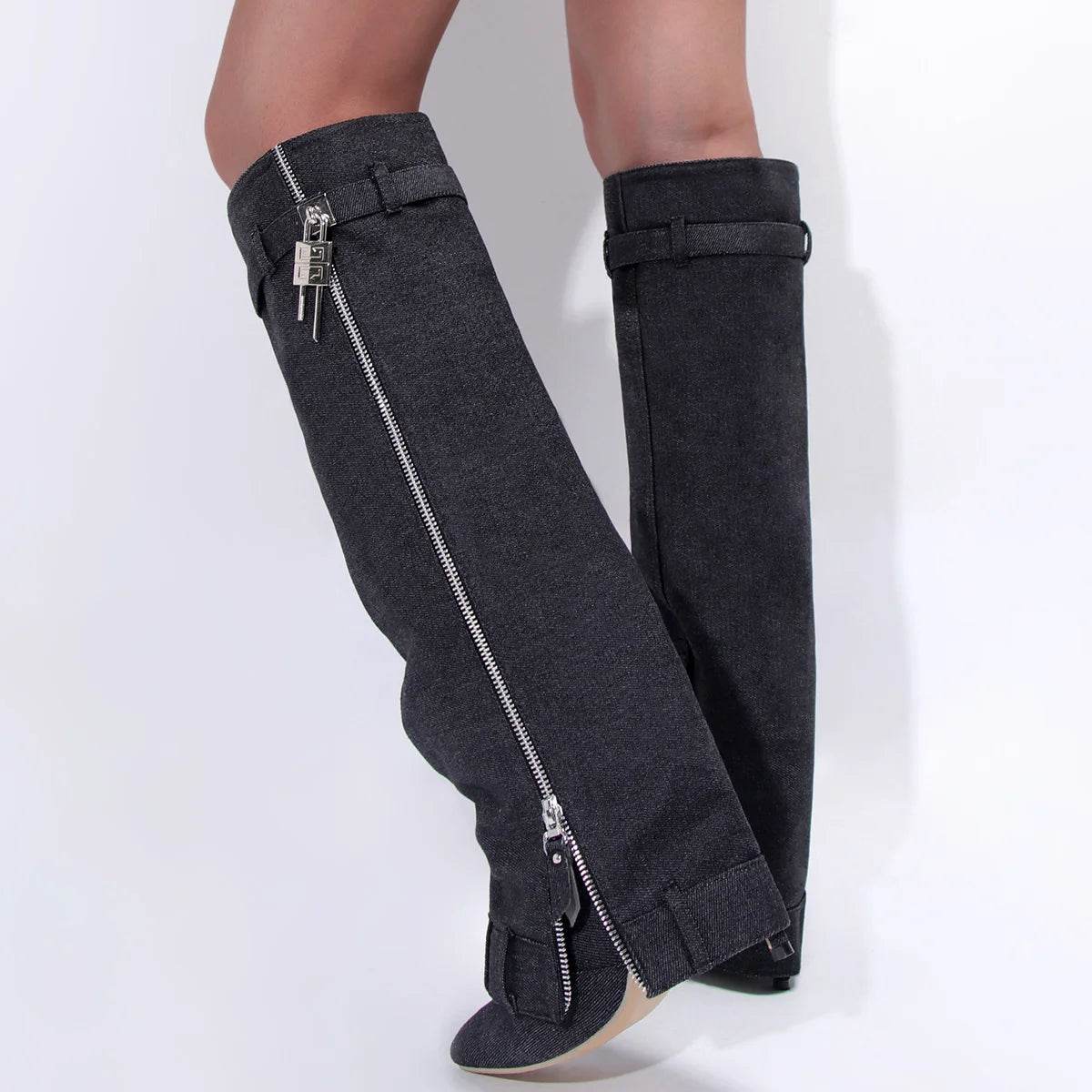 Buy Center Blue Denim Knee High Cowboy Boots - Pointed Toe & High Heel - Buy Center UK