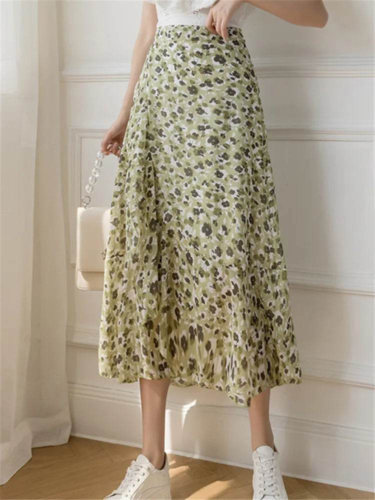 REALEFT Vintage Floral A-line Skirt - High Waist Midi Length - Buy Center UK