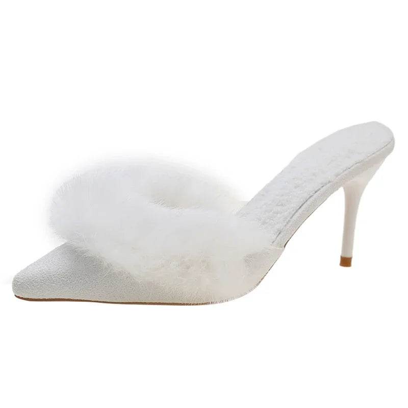 Buy Center Faux Fur Mules Slippers - Pointed Toe, Thin Heels - Buy Center UK