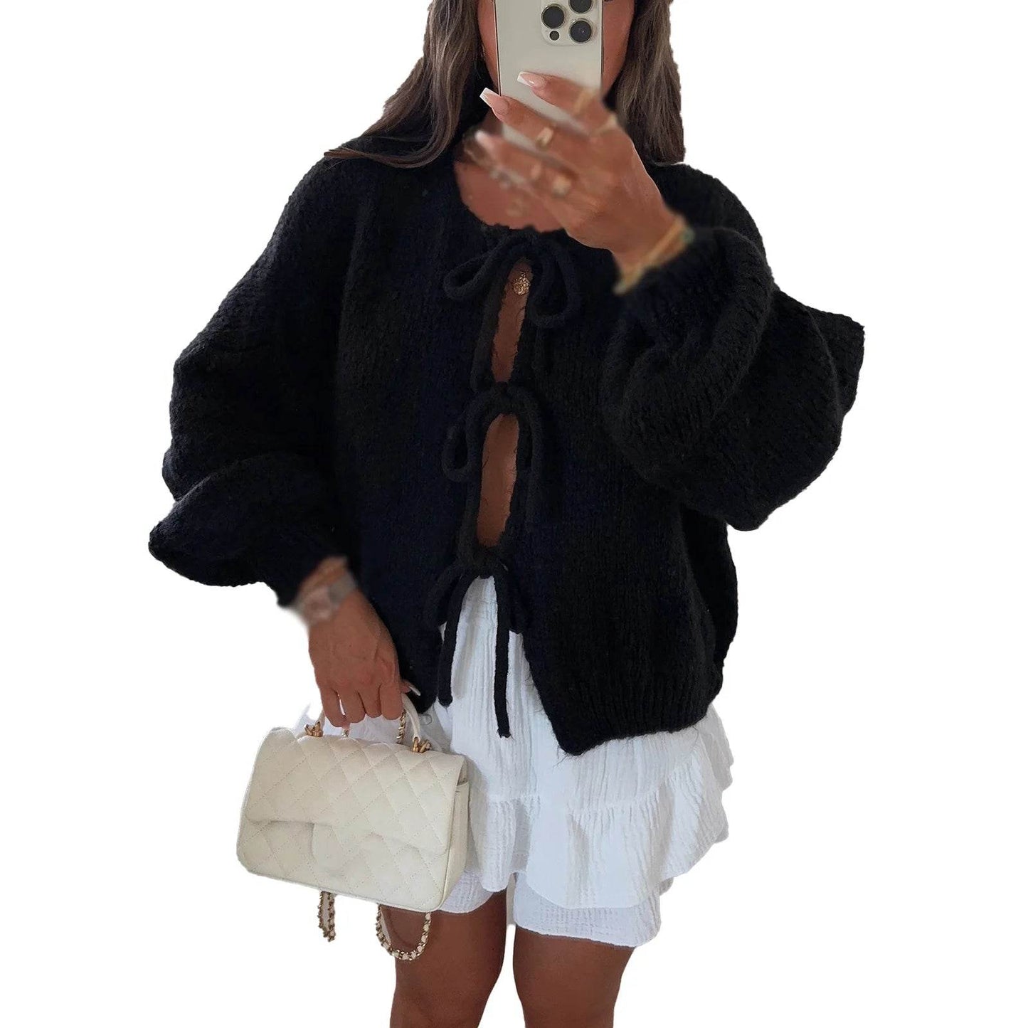 Buy Center Women's Lace-Up Cardigan - Stylish Hollow Out Knitwear - Buy Center UK