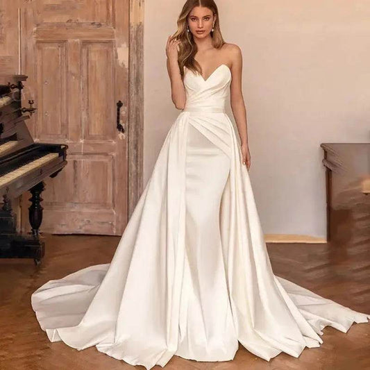 Customized 2 In 1 Detachable Train Wedding Dress - Satin Mermaid Gown - Buy Center UK