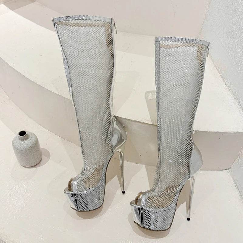Liyke Sexy Peep Toe Knee High Boots - Gold Stripper Platform Heels - Buy Center UK