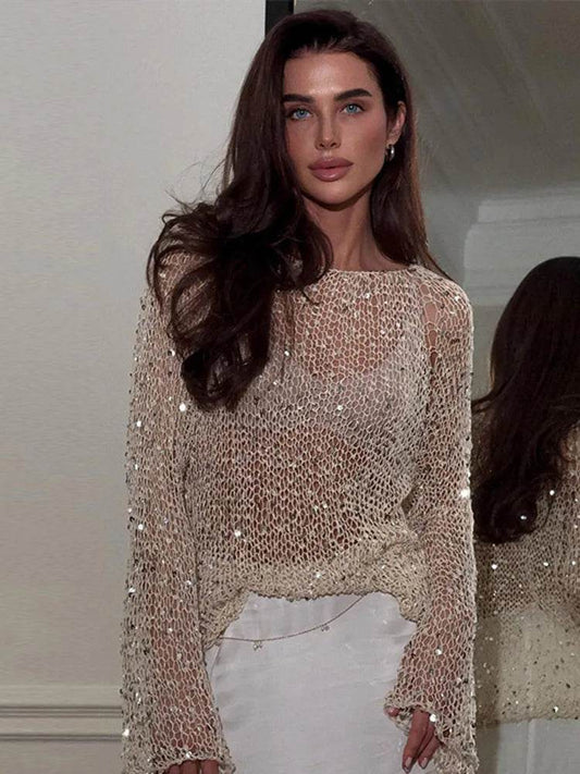 Buy Center See Through Sequined Sweater - Shiny O-neck Beach Top - Buy Center UK