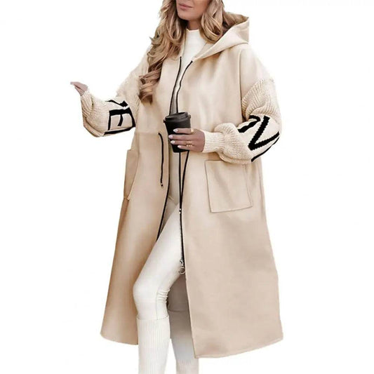 Women's Long Hooded Coat - Patchwork Sleeves & Drawstring Waist - Buy Center UK