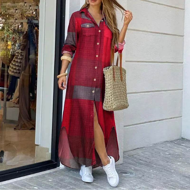 Buy Center Long Sleeve Plaid Maxi Dress - Elegant Beach & Party Wear - Buy Center UK