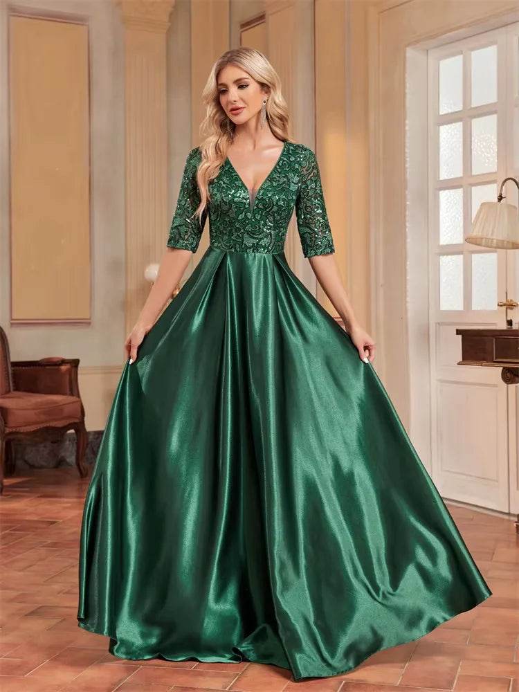 Luxury Green Satin V-Neck Evening Dress with Sequins for Women - Buy Center UK