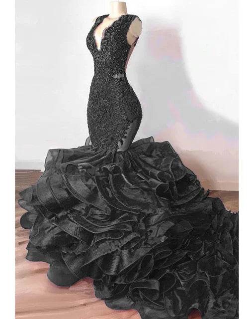 Royal Blue Lace Beaded Mermaid Dress - Elegant Puffy Ruffles - Buy Center UK