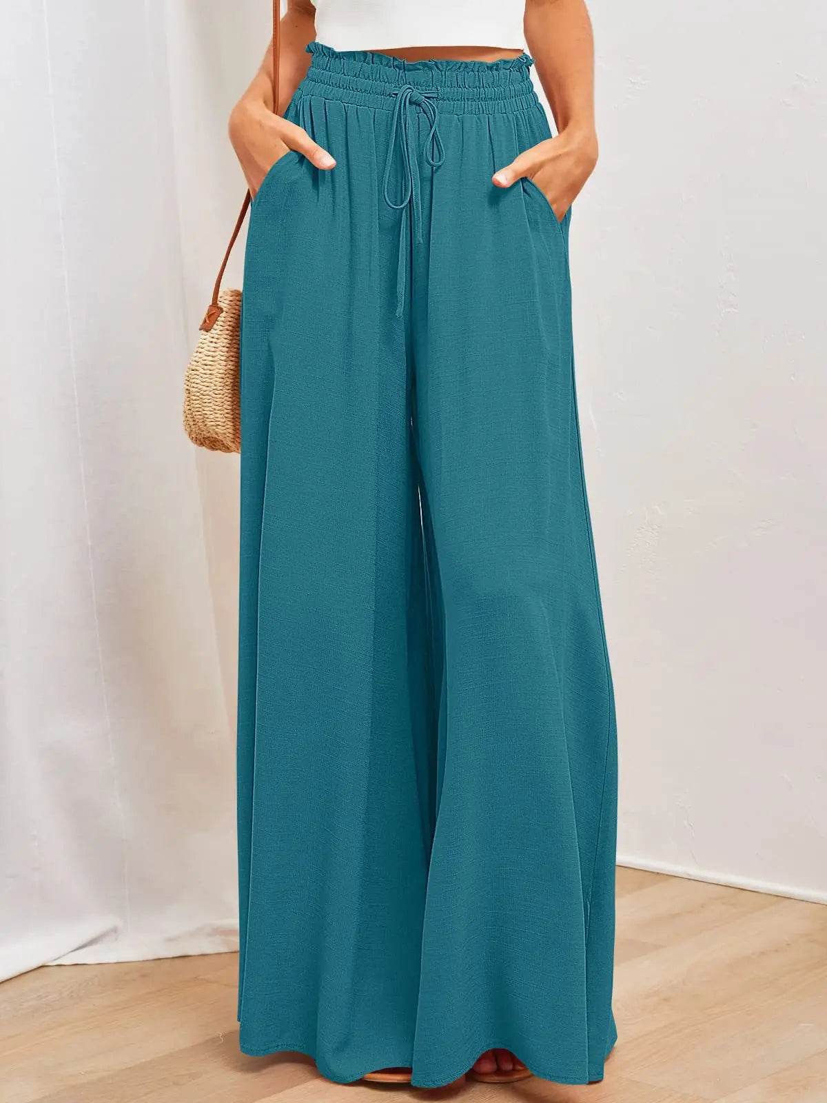 Buy Center Women's Summer Wide Leg Pants - Elastic Waist & Pockets - Buy Center UK