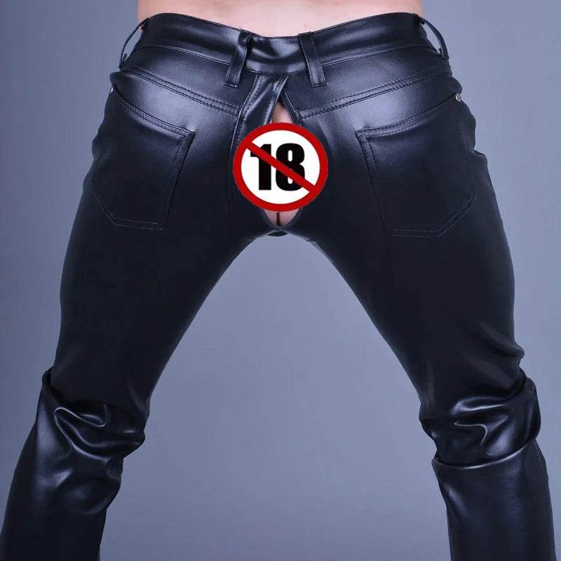 Buy Center Men's Black Faux Leather Pants - Zip Open-Crotch Design - Buy Center UK