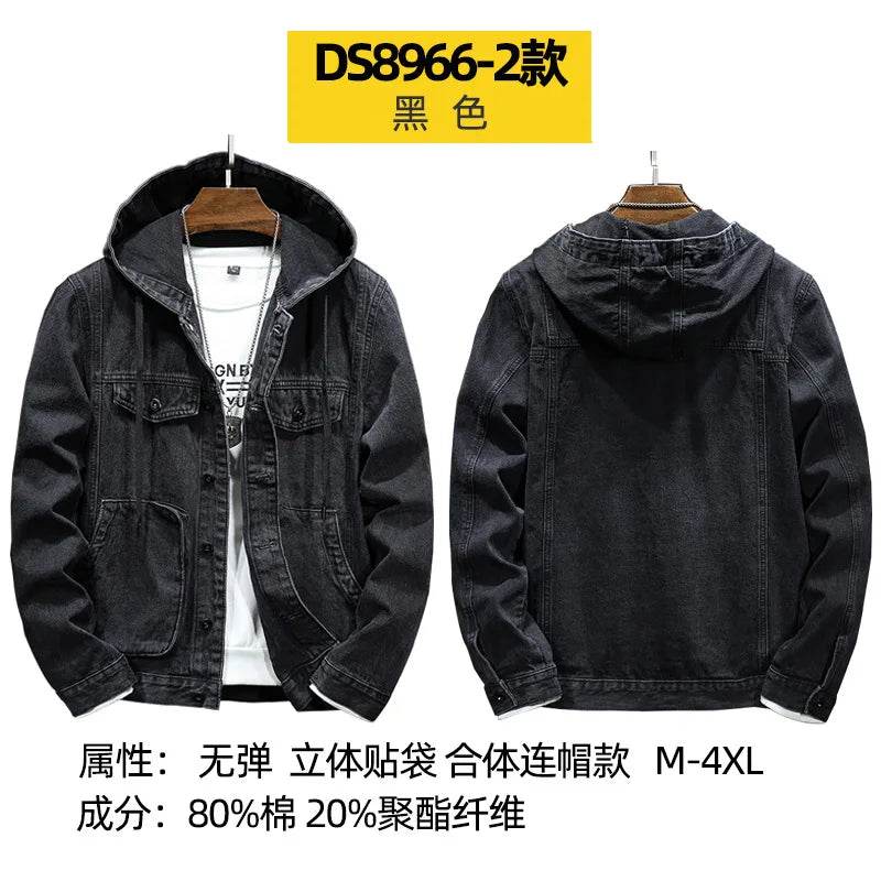 Buy Center Men’s Hooded Denim Jacket - Casual Spring Style, Pockets - Buy Center UK