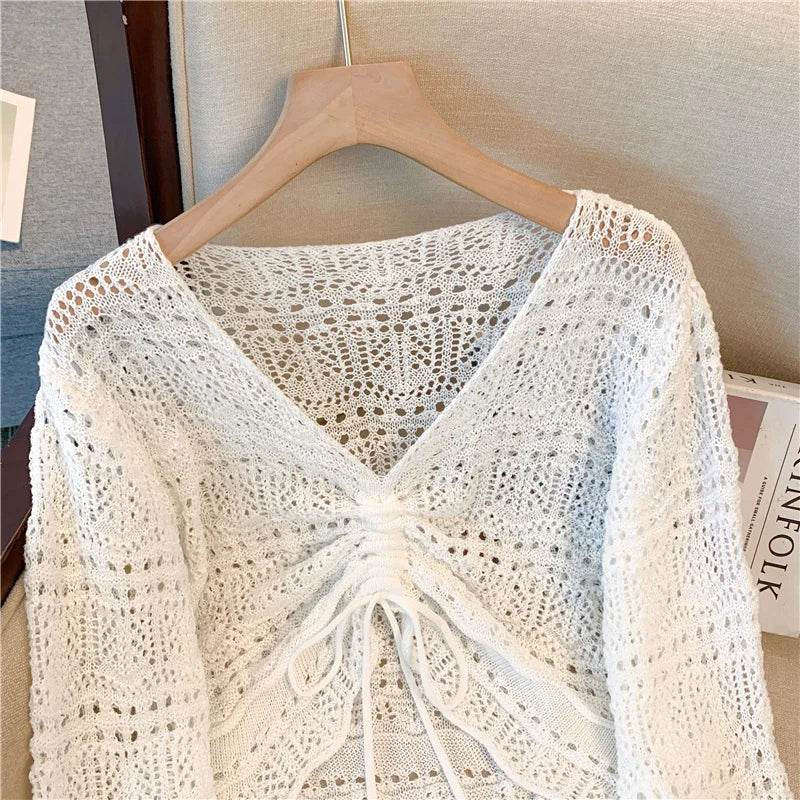 Buy Center Drawstring Front Crop Sweater - Lightweight Beach Top for Women - Buy Center UK