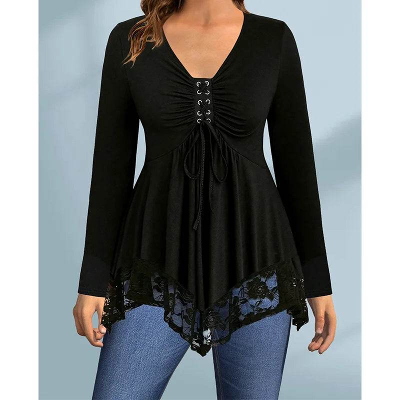 Buy Center Plus Size Long Sleeve Tee - Stylish Lace-Up Black Design - Buy Center UK