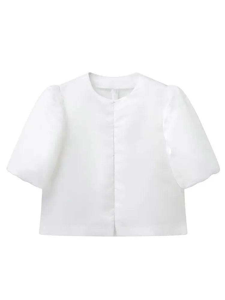 Buy Center Women's Solid Satin Blouse - Pouf Balloon Sleeves, Loose Fit - Buy Center UK
